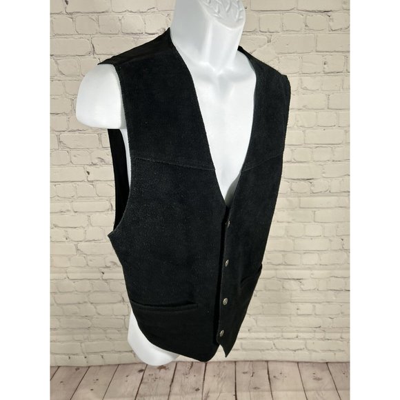 VTG IN PRIVATE Solid Black Genuine Leather Snap Down V Neck Western Vest Men’s L - Picture 2 of 10